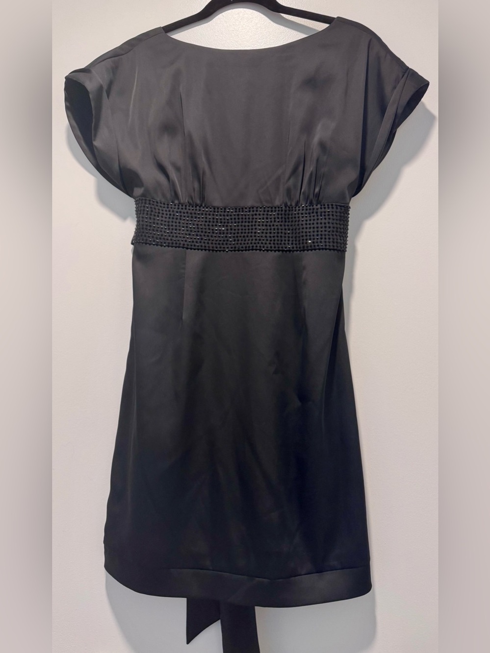 BCBG Paris Black Satin Beaded Waist Tie-Back Mini Dress Size 4